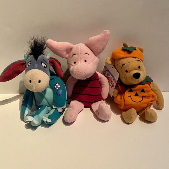 DISNEY STORE BEAN BAG PUMPKIN WINNIE THE POOH & PIGLET & Dino Eyeore 8” Plush - Picture 1 of 3
